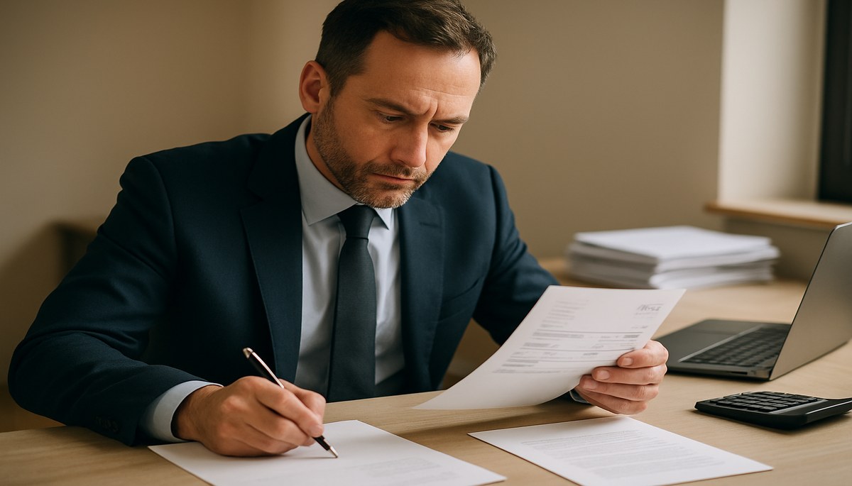 UK business owner at a desk reviewing an overdue invoice, with a laptop, calculator and stack of unpaid bills — chasing payment professionally.