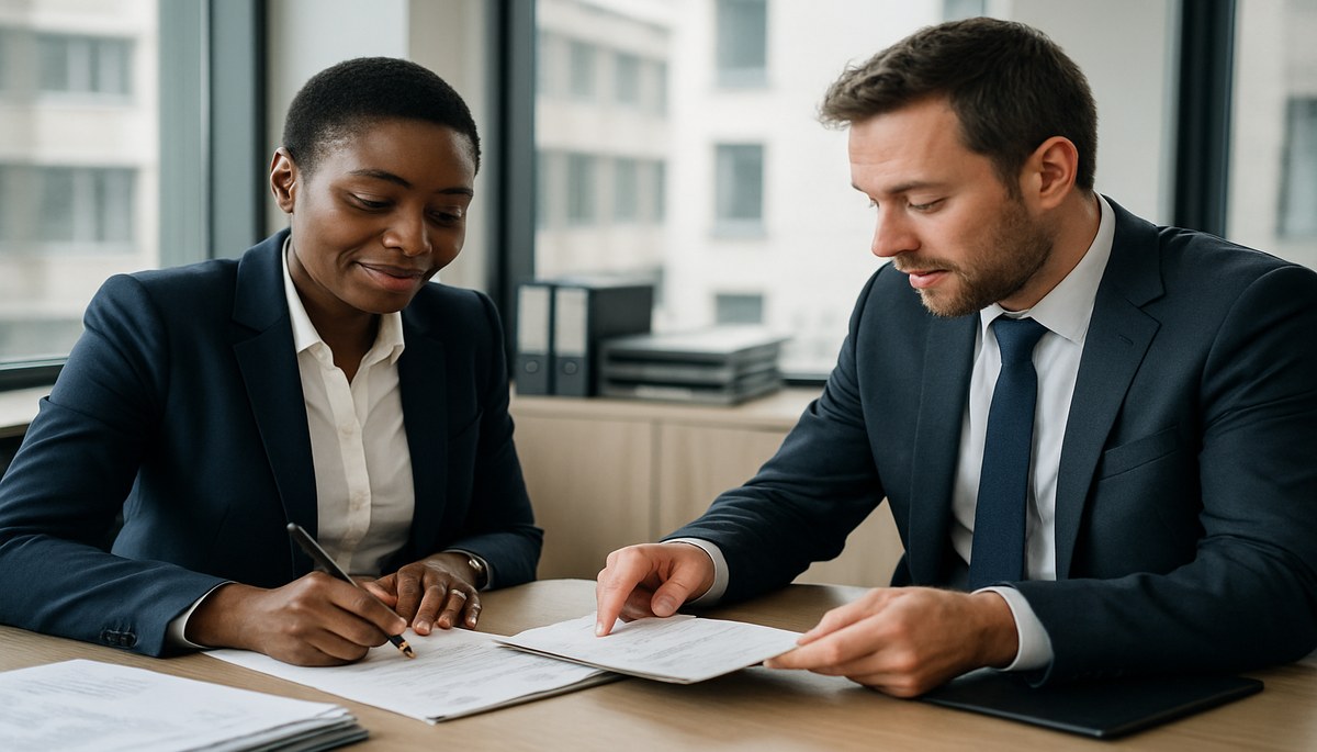 Business owner reviewing a debt recovery agreement with a UK debt collection agent, paperwork and invoices on a professional office desk.