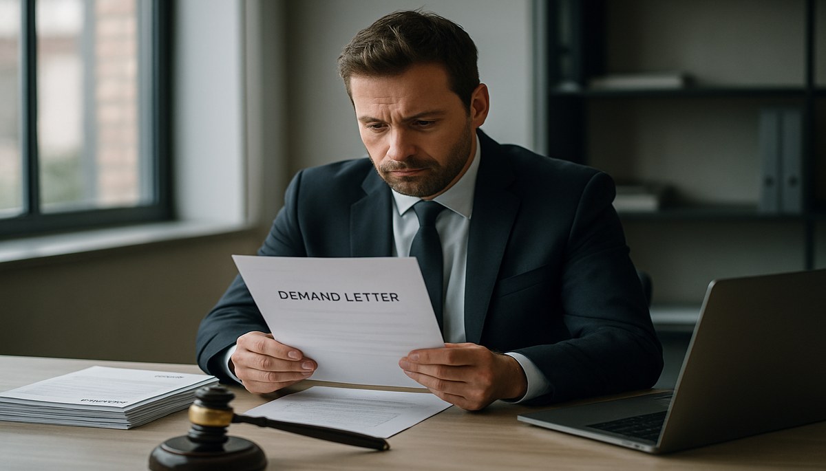 UK business professional reviewing a formal statutory demand letter at an office desk, legal documents and a laptop visible in a professional setting.