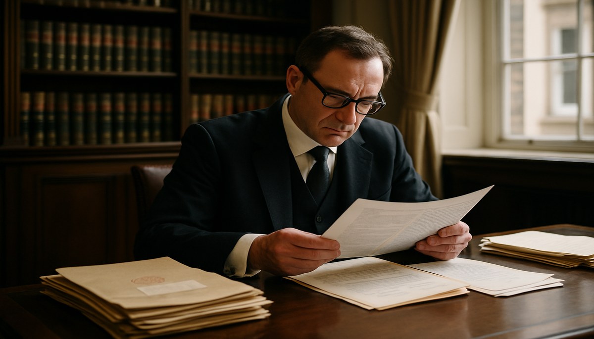 uk-commercial-debt-recovery-2026-changes-creditors UK legal professional reviewing commercial debt recovery documents at a formal office desk, with court papers, stamped envelopes and a laptop visible in a professional London setting.