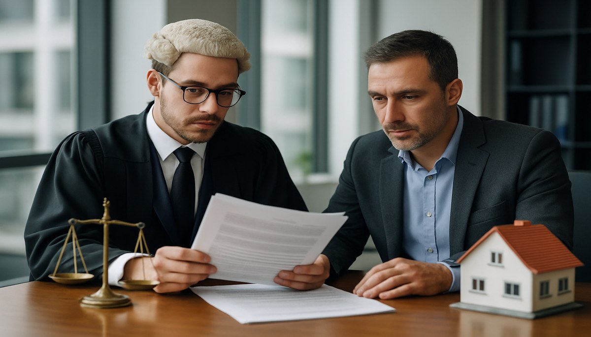 UK solicitor and business owner reviewing charging order paperwork with a residential property and legal documents visible on a professional office desk.