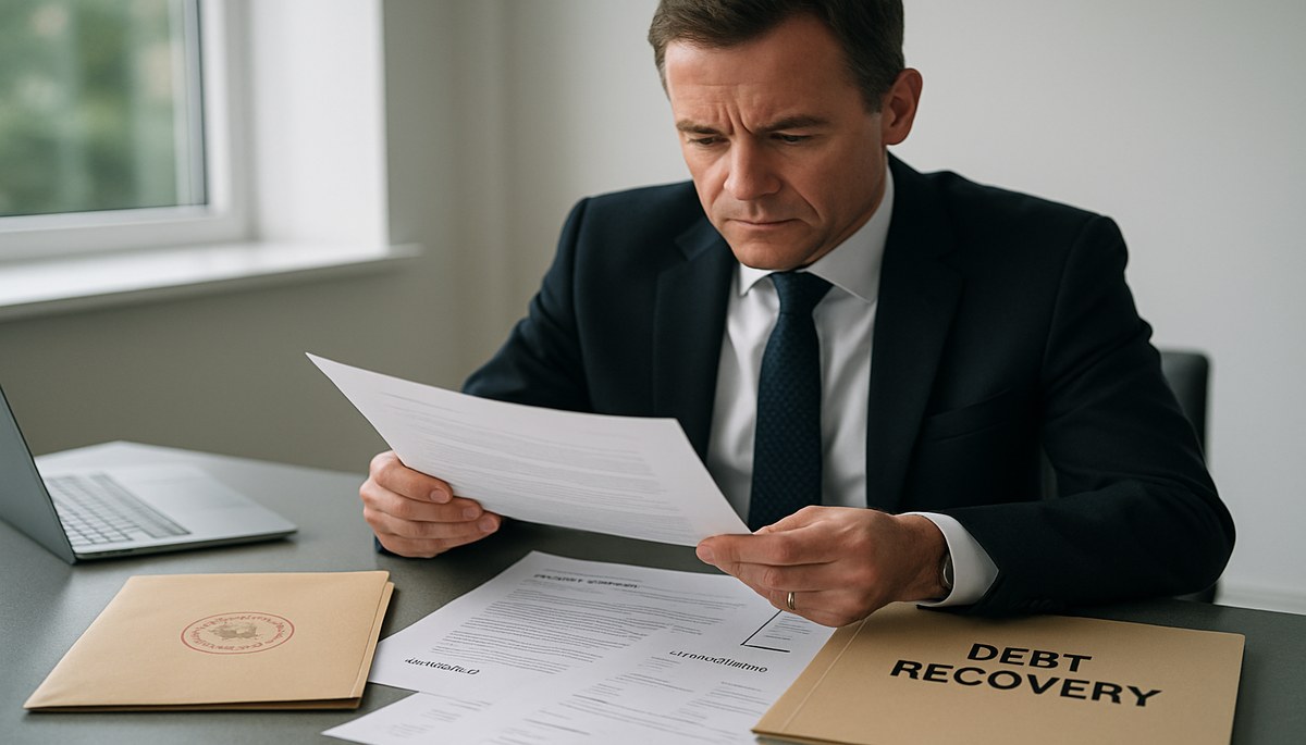 UK business professional reviewing court documents and overdue invoices on a desk, preparing a County Court Judgment application for unpaid business debt.