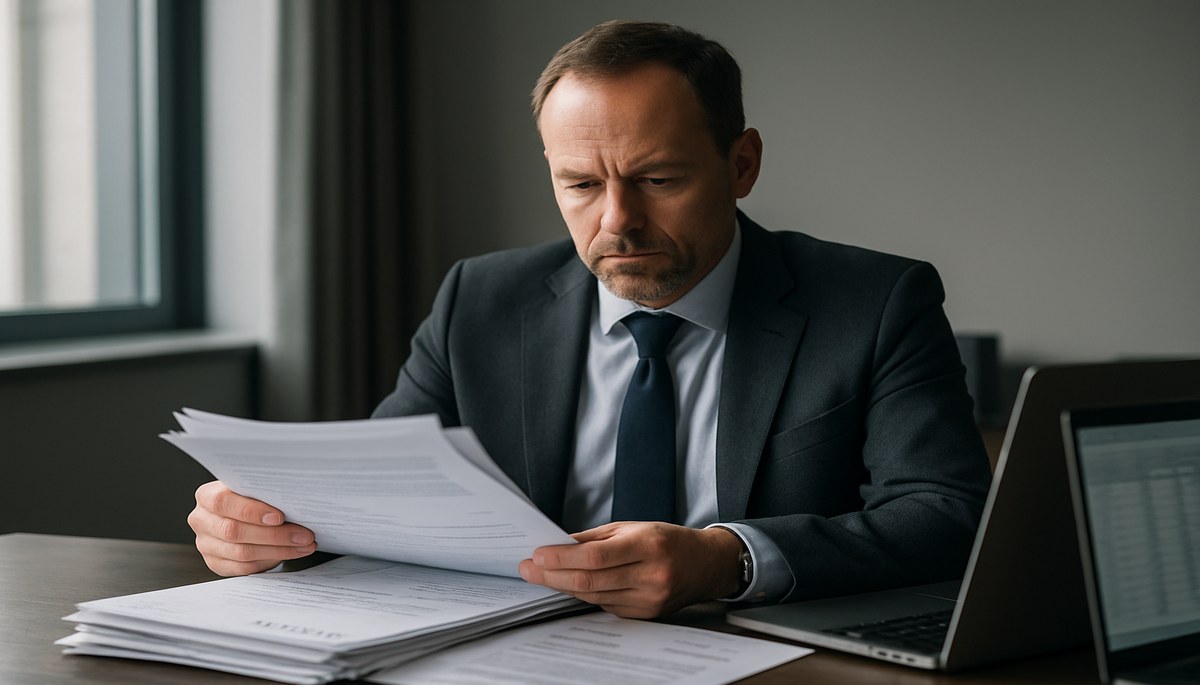 A UK business owner sat at a desk, reviewing formal insolvency paperwork and overdue invoices, looking concerned but focused — professional office environment, natural daylight, editorial photography style.