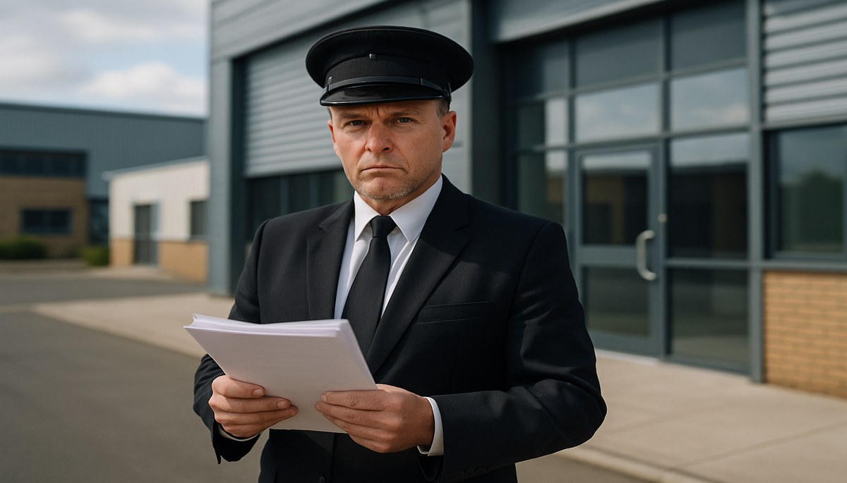 A High Court Enforcement Officer in professional attire attending commercial premises to recover a business debt in the UK, with legal documentation visible.