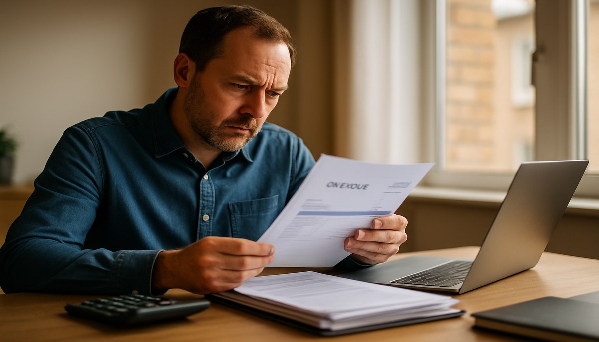 UK business owner at a desk reviewing overdue invoices, calculator and financial documents visible, professional office setting with natural daylight.