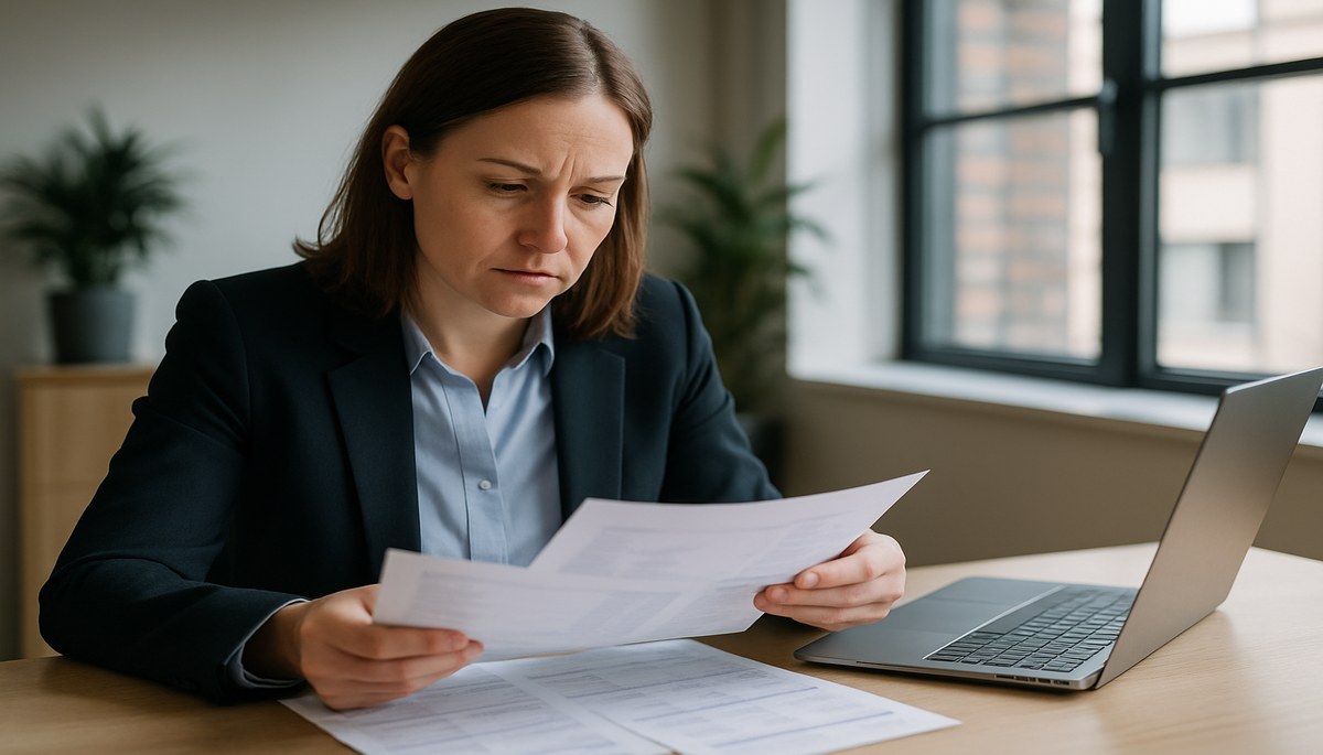 UK business owner reviewing a stack of overdue invoices at an office desk, with a calculator and legal documents relating to late payment legislation.