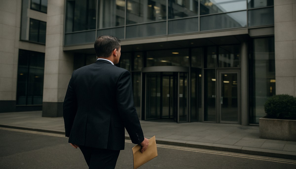 A professional UK process server in a formal suit walking towards a commercial office building, carrying legal documents in a brown envelope — editorial photography style.