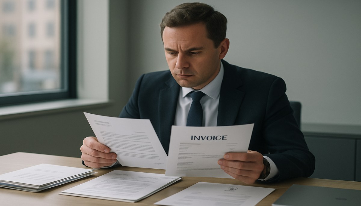 UK business professional reviewing unpaid invoices and debt recovery documents at a clean office desk, preparing to pursue a limited company for an overdue debt.