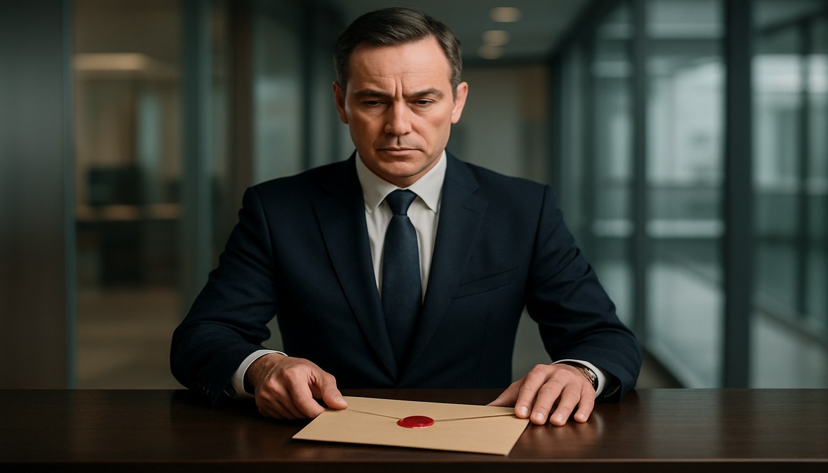A UK legal professional formally serving documents at a company reception desk, corporate office environment, professional editorial photography.