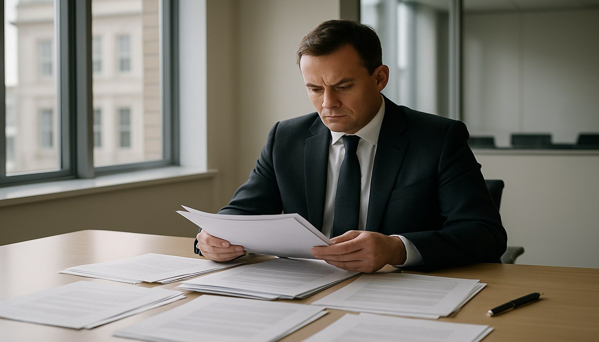 A business professional in a suit reviewing official legal documents and financial paperwork at a modern UK office desk — representing commercial debt recovery and legal compliance in 2026.