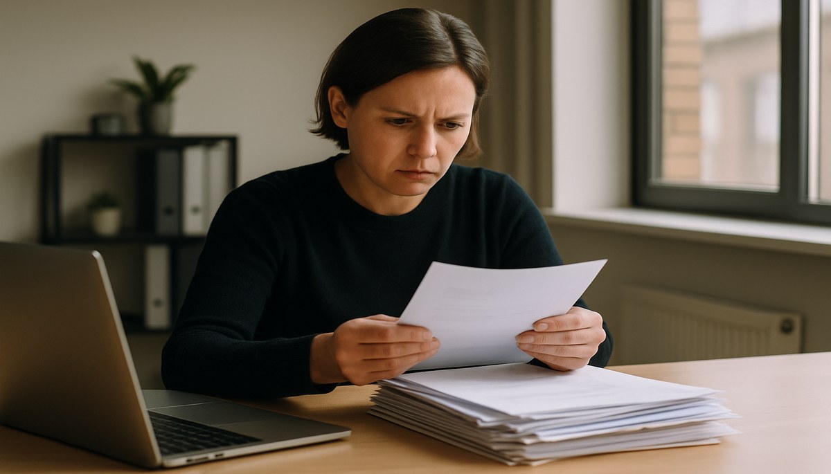 UK small business owner reviewing a stack of unpaid invoices at a modern office desk, concerned but determined expression, paperwork and laptop visible, natural daylight.